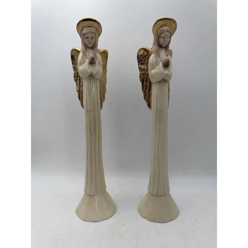 Vintage Pair Ceramic Praying Angel Pencil Candleholders Gold Wings 8.5